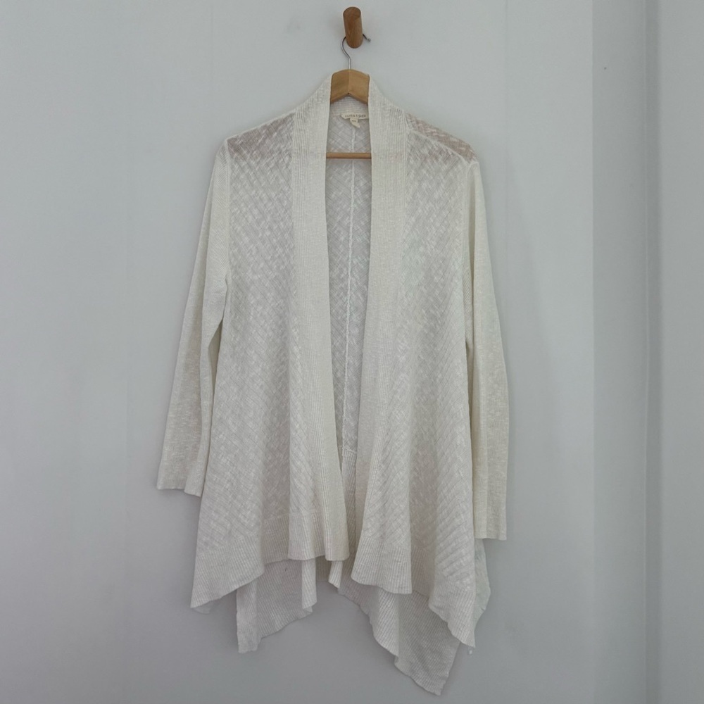 Eileen Fisher cream cotton linen open front draped cardigan - Medium - Picture 3 of 8
